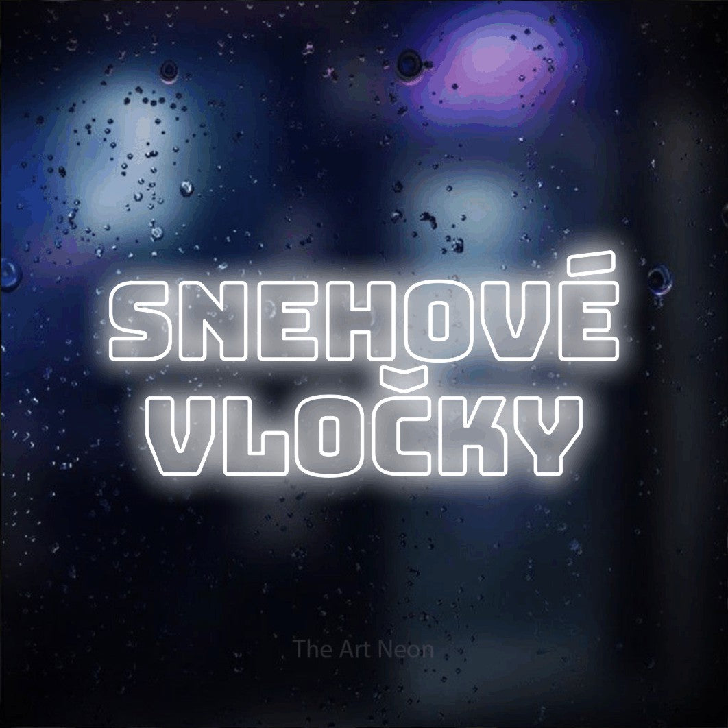 LED neon sign reading “snehové vločky”, arranged in two lines.