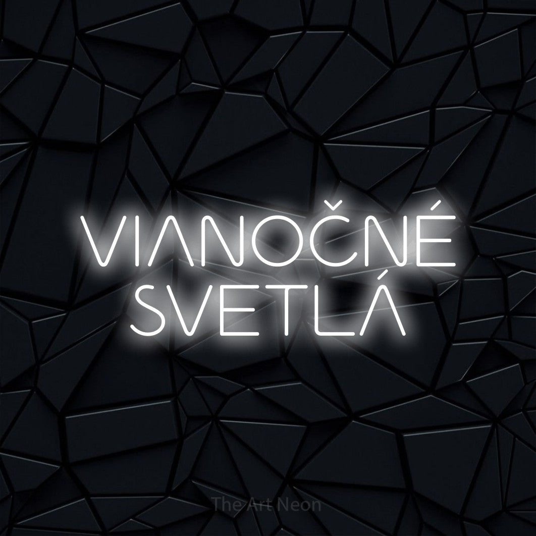 LED neon sign reading “VIANOČNÉ SVETLÁ”, arranged in two lines.
