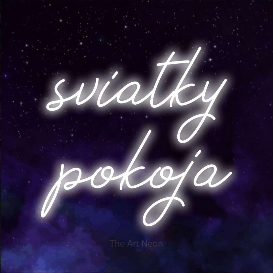 LED neon sign reading “sviatky pokoja”, arranged in two lines.