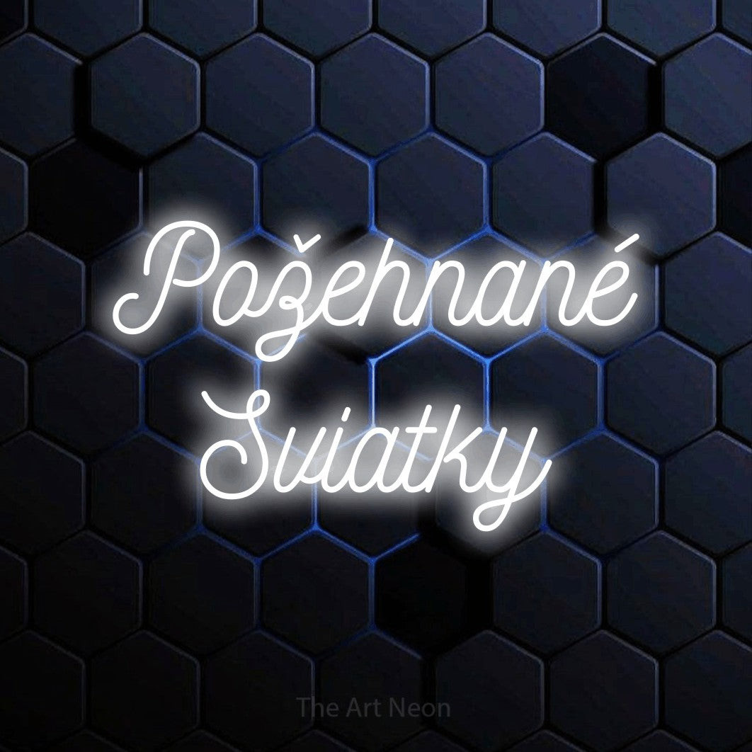 LED neon sign reading “Požehnané Sviatky”, arranged in two lines.