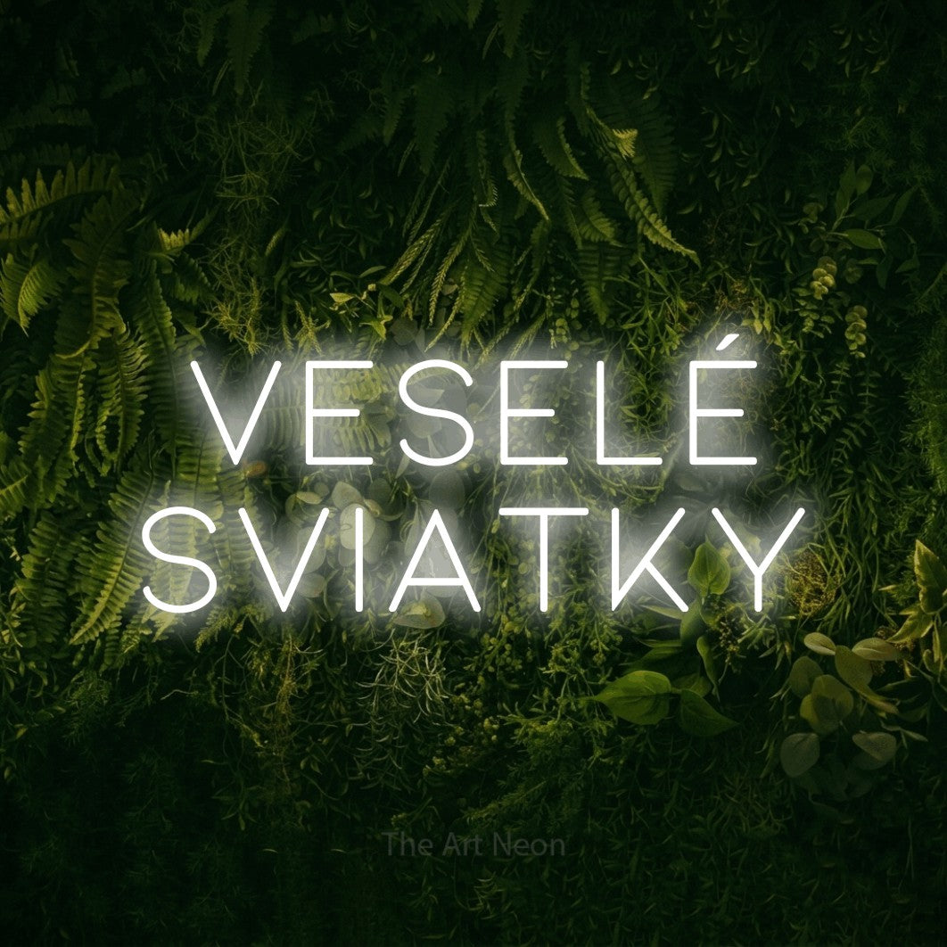 LED neon sign reading “Veselé Sviatky”, arranged in two lines.