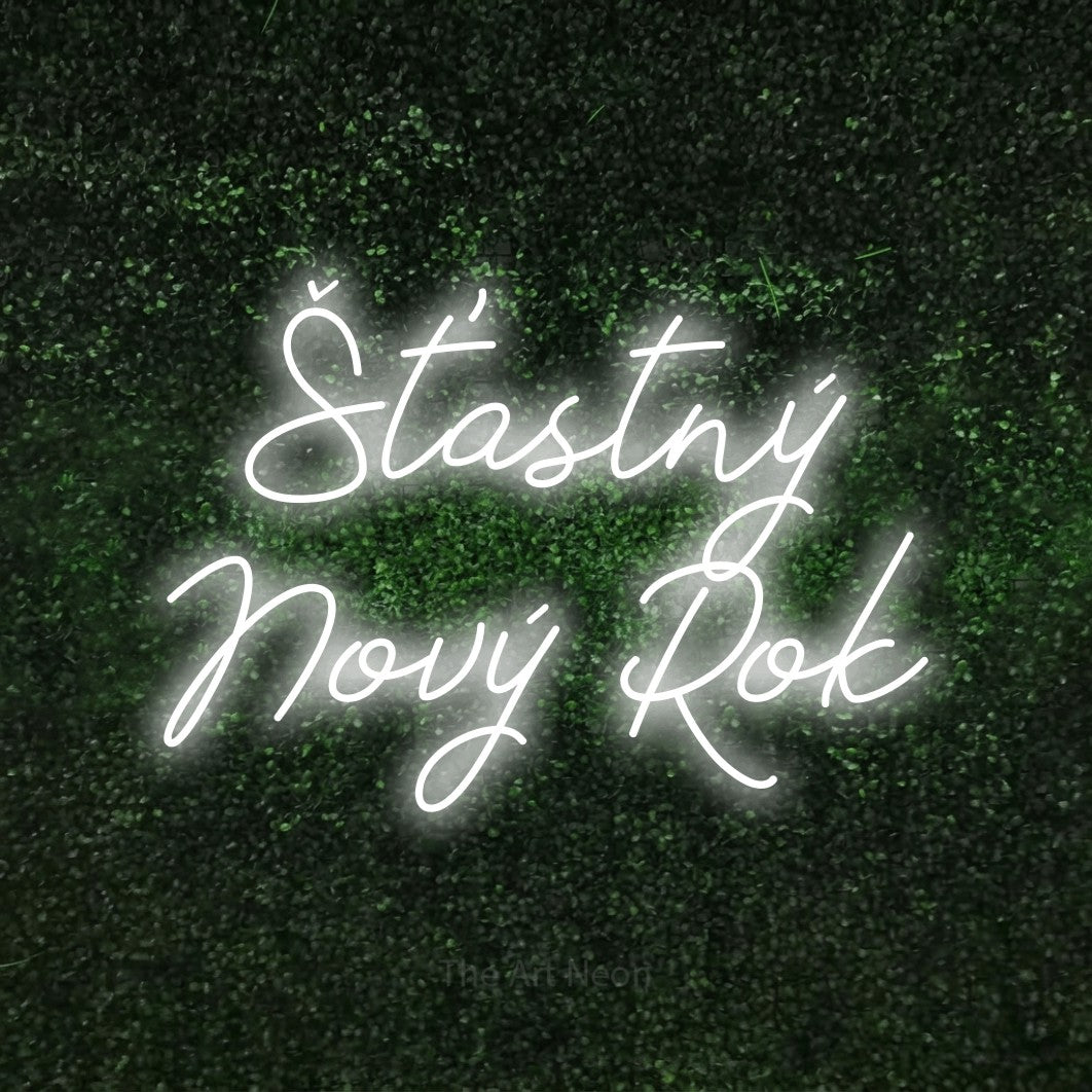 LED neon sign reading “Šťastný Nový Rok”, arranged in two lines.