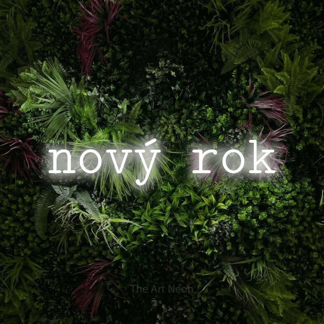 LED neon sign reading “nový rok”, arranged in a single line.