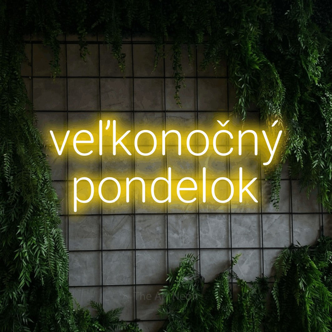 LED neon sign reading “veľkonočný pondelok”, arranged in two lines.