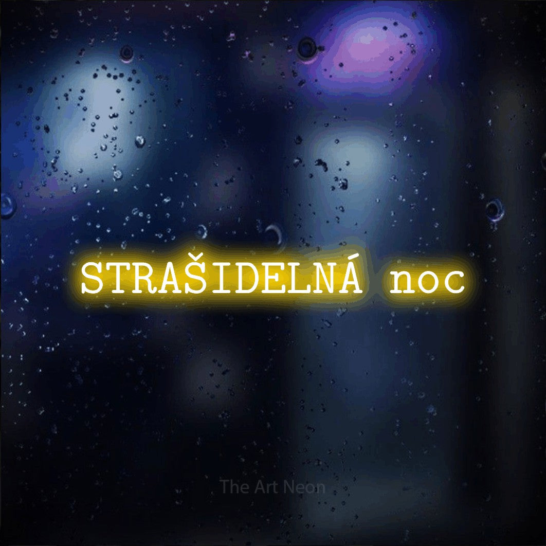 LED neon sign reading “STRAŠIDELNÁ noc”, arranged in a single line.