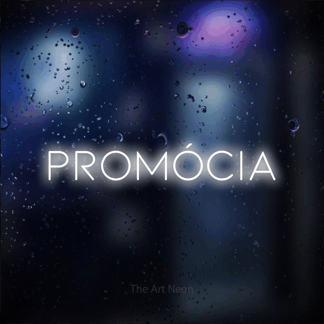 LED neon sign reading “PROMÓCIA”, arranged in a single line.
