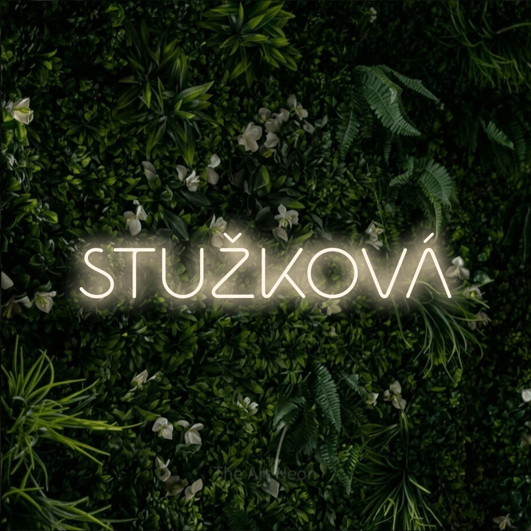 LED neon sign reading “STUŽKOVÁ”, arranged in a single line.