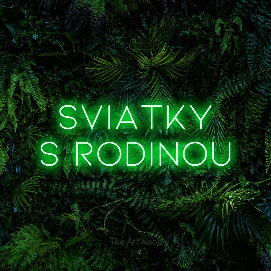 LED neon sign reading “SVIATKY S RODINOU”, arranged in two lines.