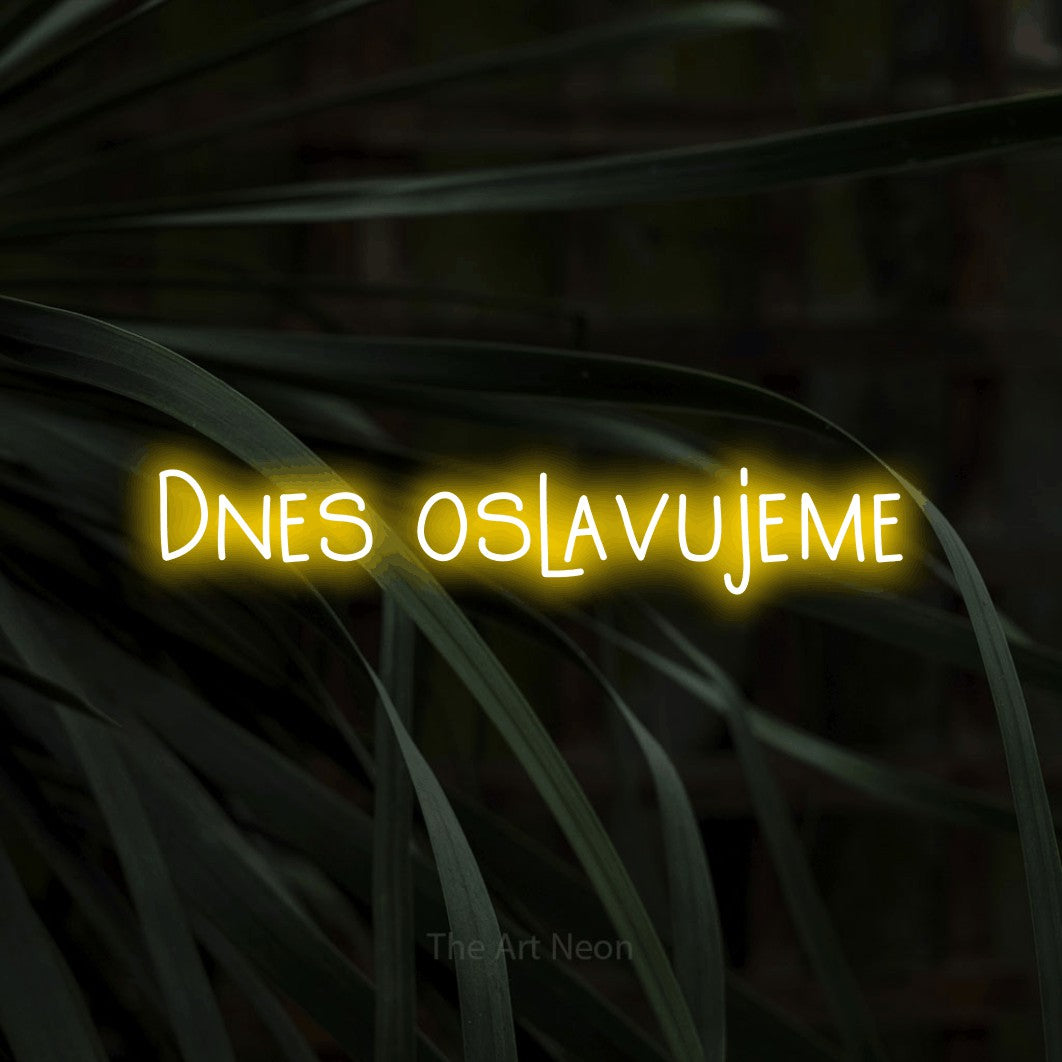 LED neon sign reading “Dnes oslavujeme”, arranged in a single line.