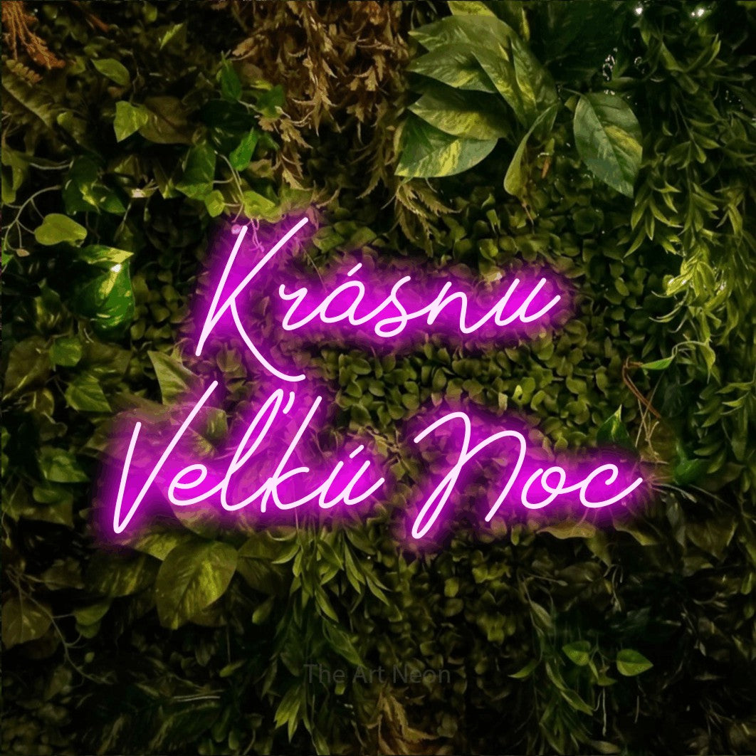LED neon sign reading “Krásnu Veľkú Noc”, arranged in two lines.