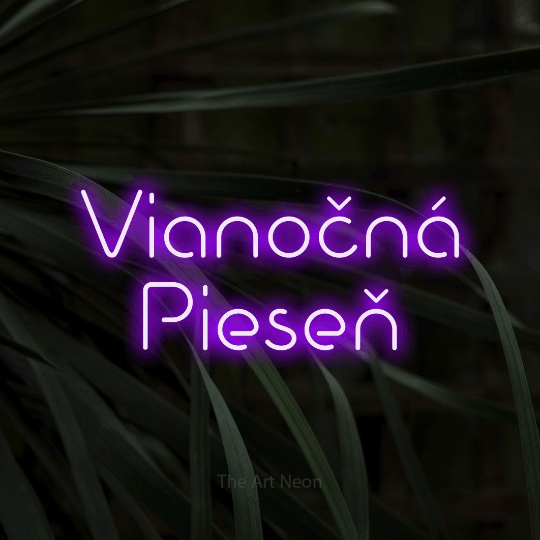 LED neon sign reading “Vianočná Pieseň”, arranged in two lines.