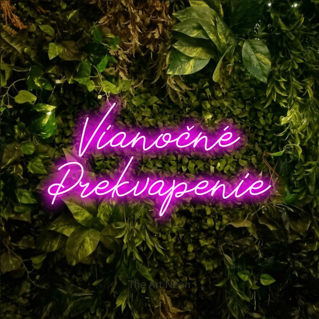 LED neon sign reading “Vianočné Prekvapenie”, arranged in two lines.