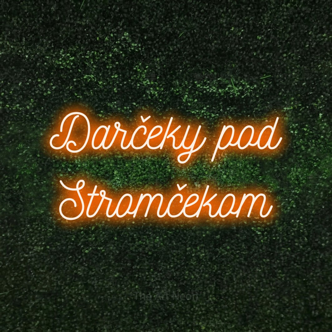LED neon sign reading “Darčeky pod Stromčekom”, arranged in two lines.
