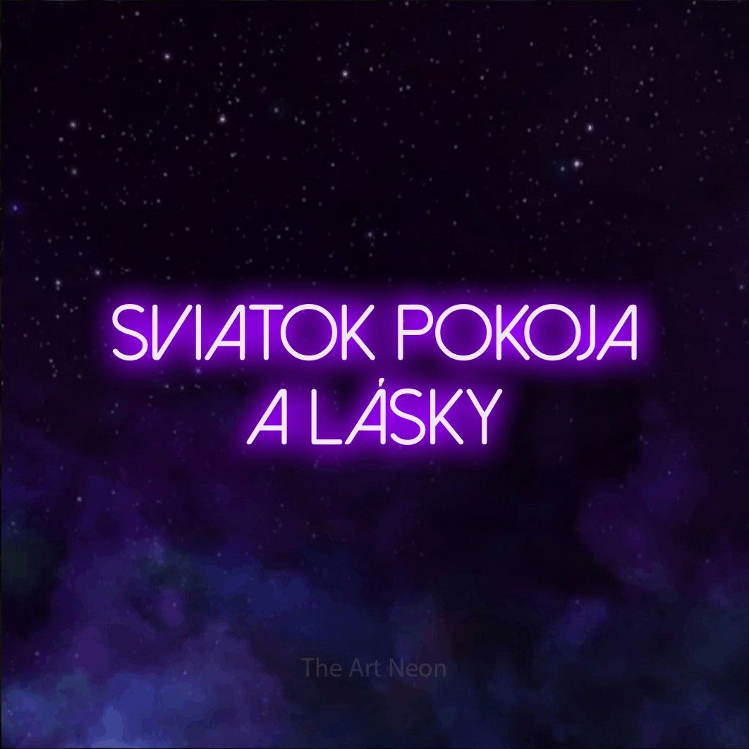 LED neon sign reading “sviatok pokoja a lásky”, arranged in two lines.