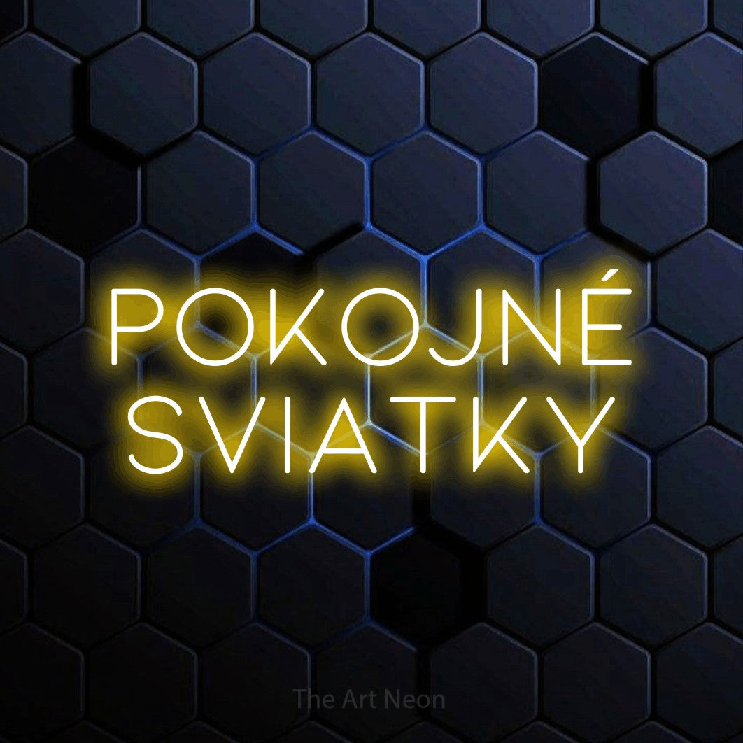LED neon sign reading “POKOJNÉ SVIATKY”, arranged in two lines.