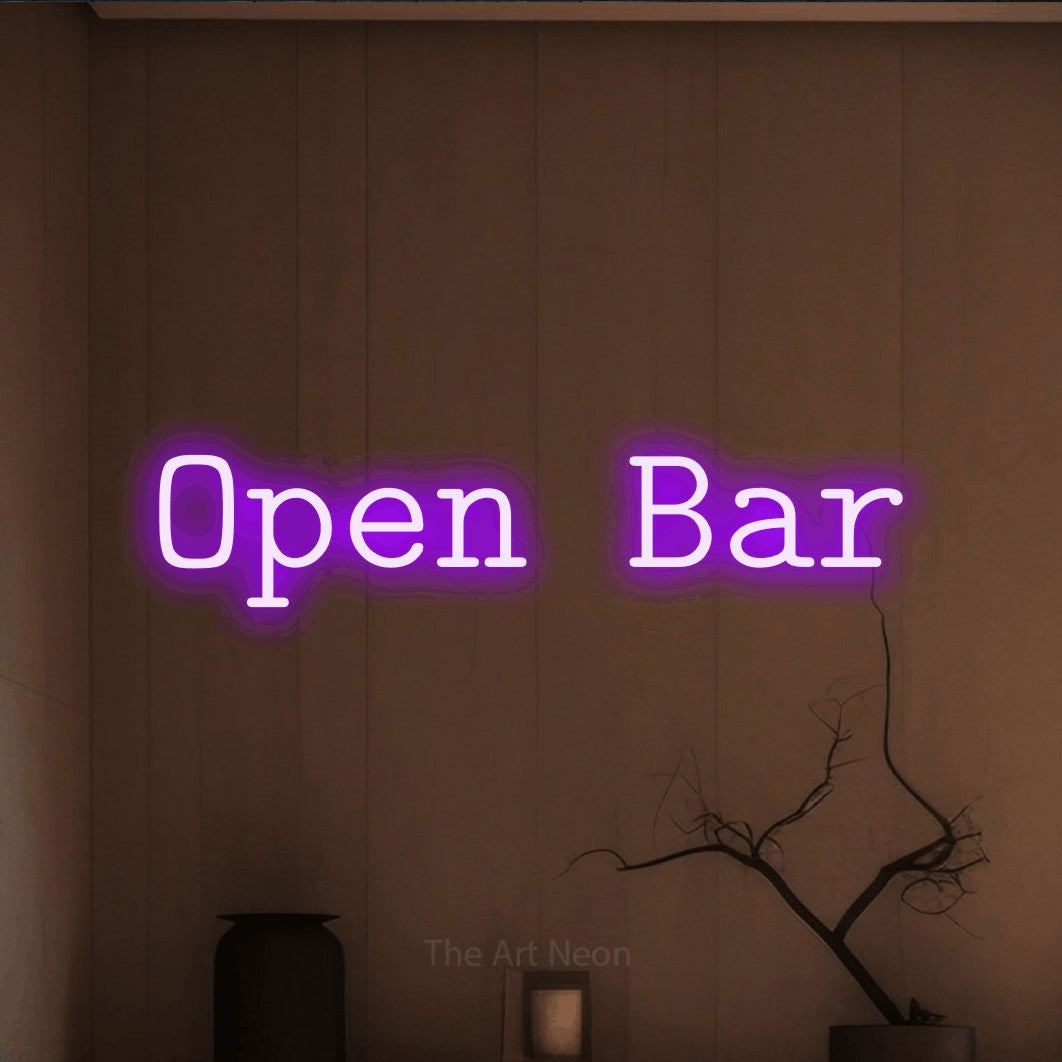 LED neon sign reading “Open Bar”, arranged in a single line.
