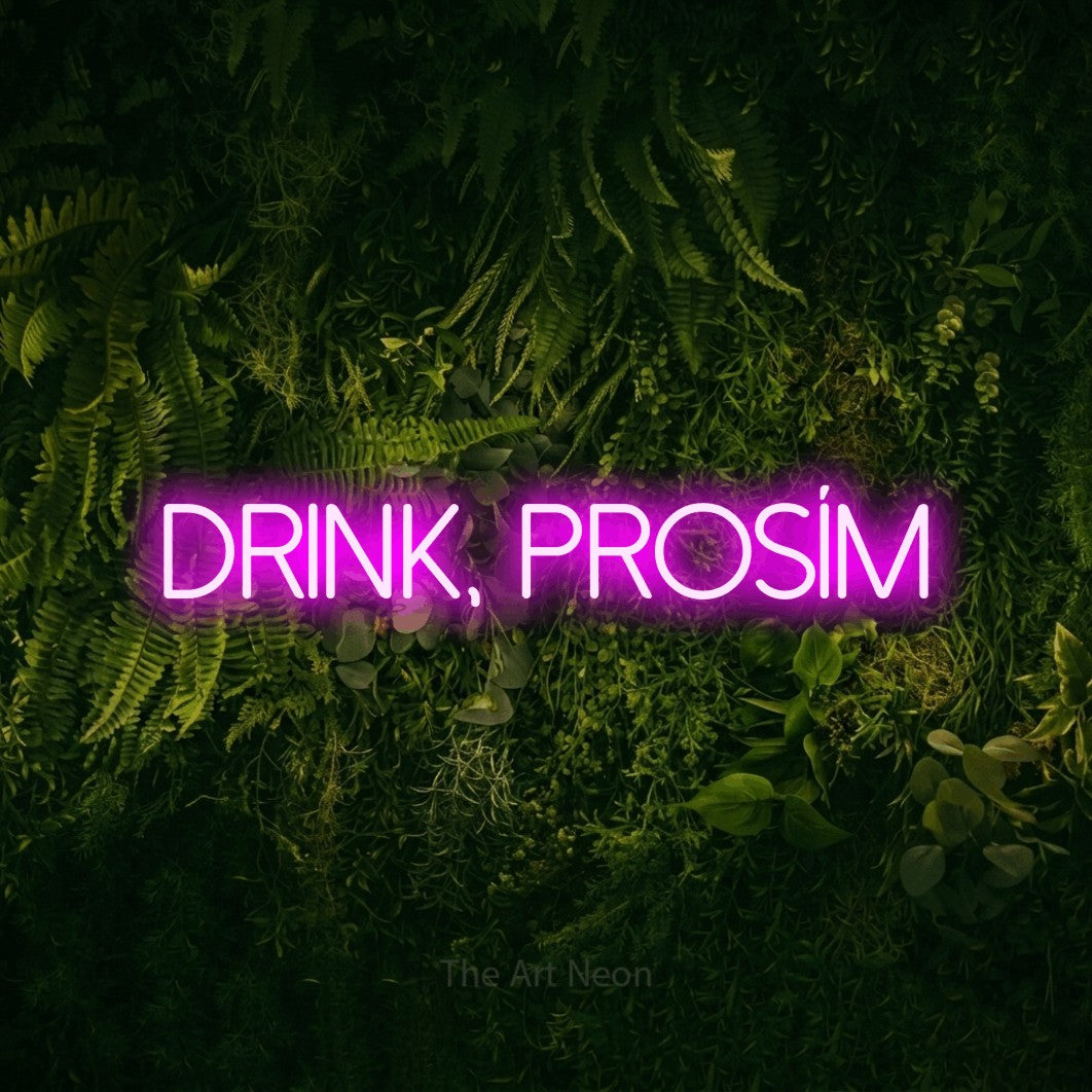 LED neon sign reading “Drink, prosím”, arranged in a single line.
