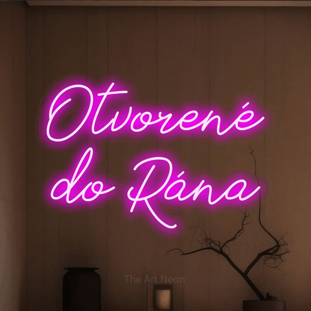 LED neon sign reading “Otvorené do Rána”, arranged in two lines.