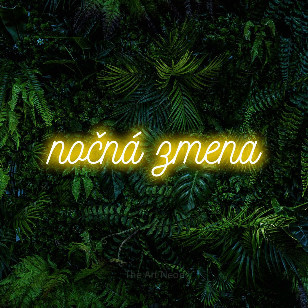 LED neon sign reading “nočná zmena”, arranged in a single line.
