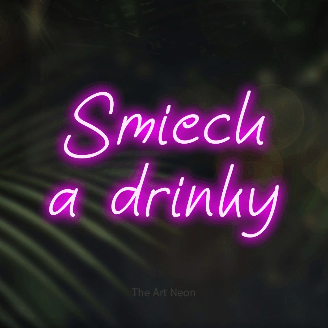 LED neon sign reading “Smiech a drinky”, arranged in two lines.