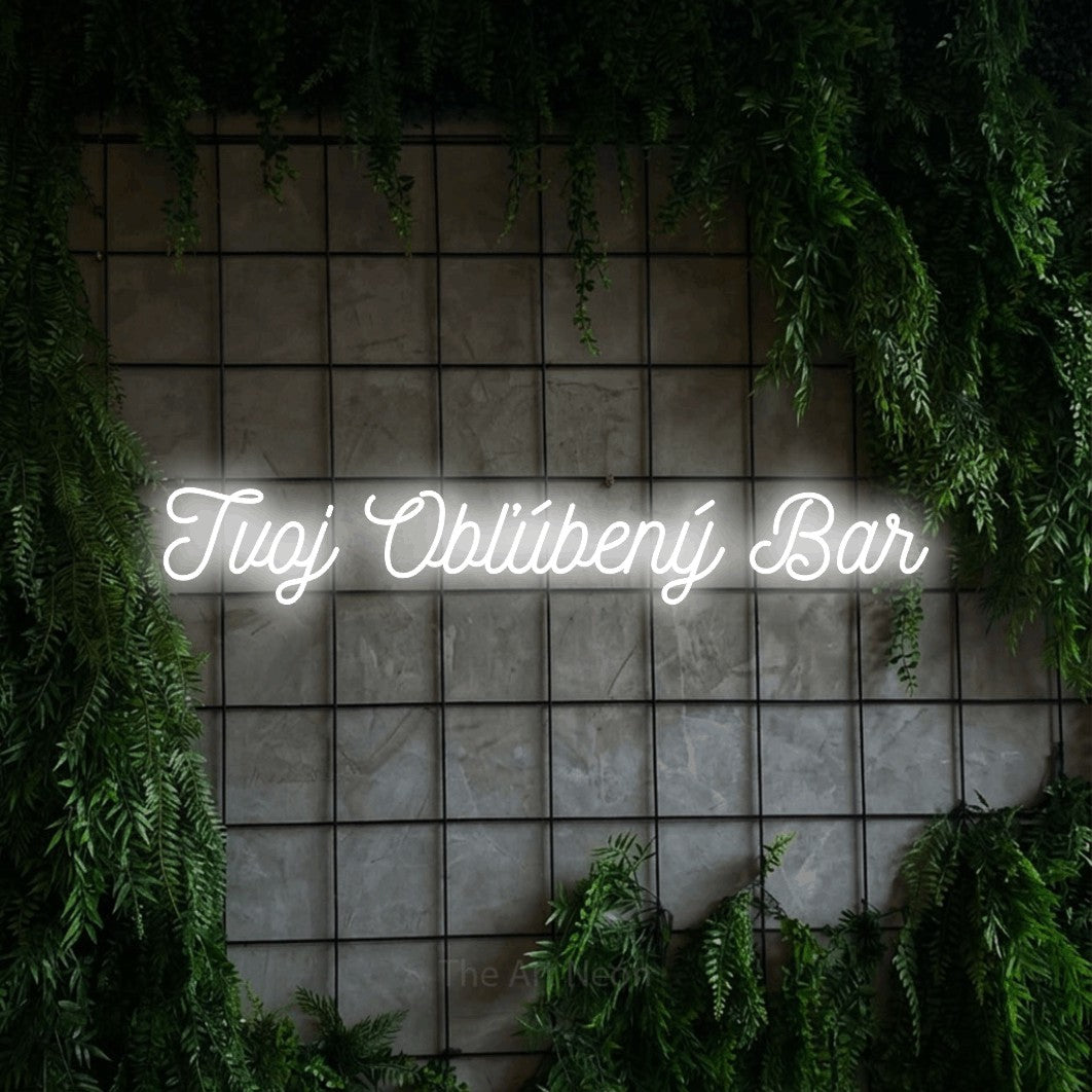 LED neon sign reading “Tvoj Obľúbený Bar”, arranged in a single line.
