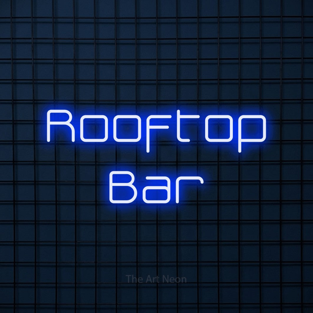 LED neon sign reading “Rooftop Bar”, arranged in two lines.