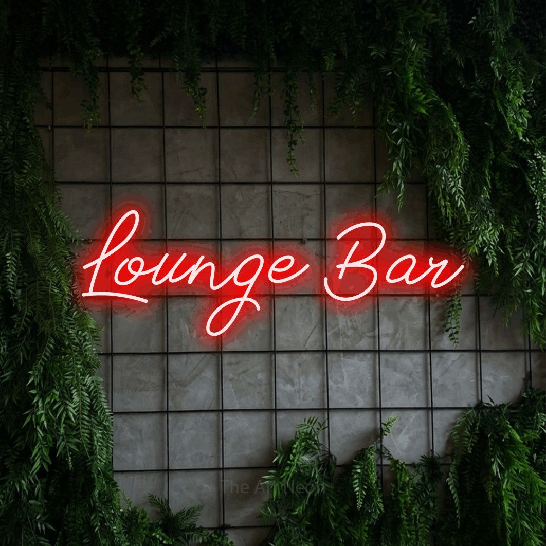 LED neon sign reading “Lounge Bar”, arranged in a single line.