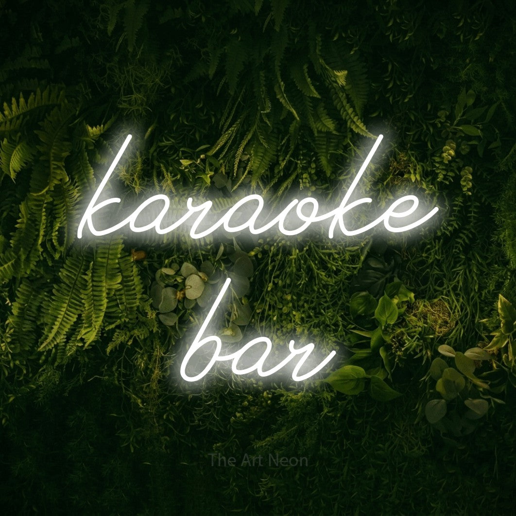 LED neon sign reading “karaoke bar”, arranged in two lines.