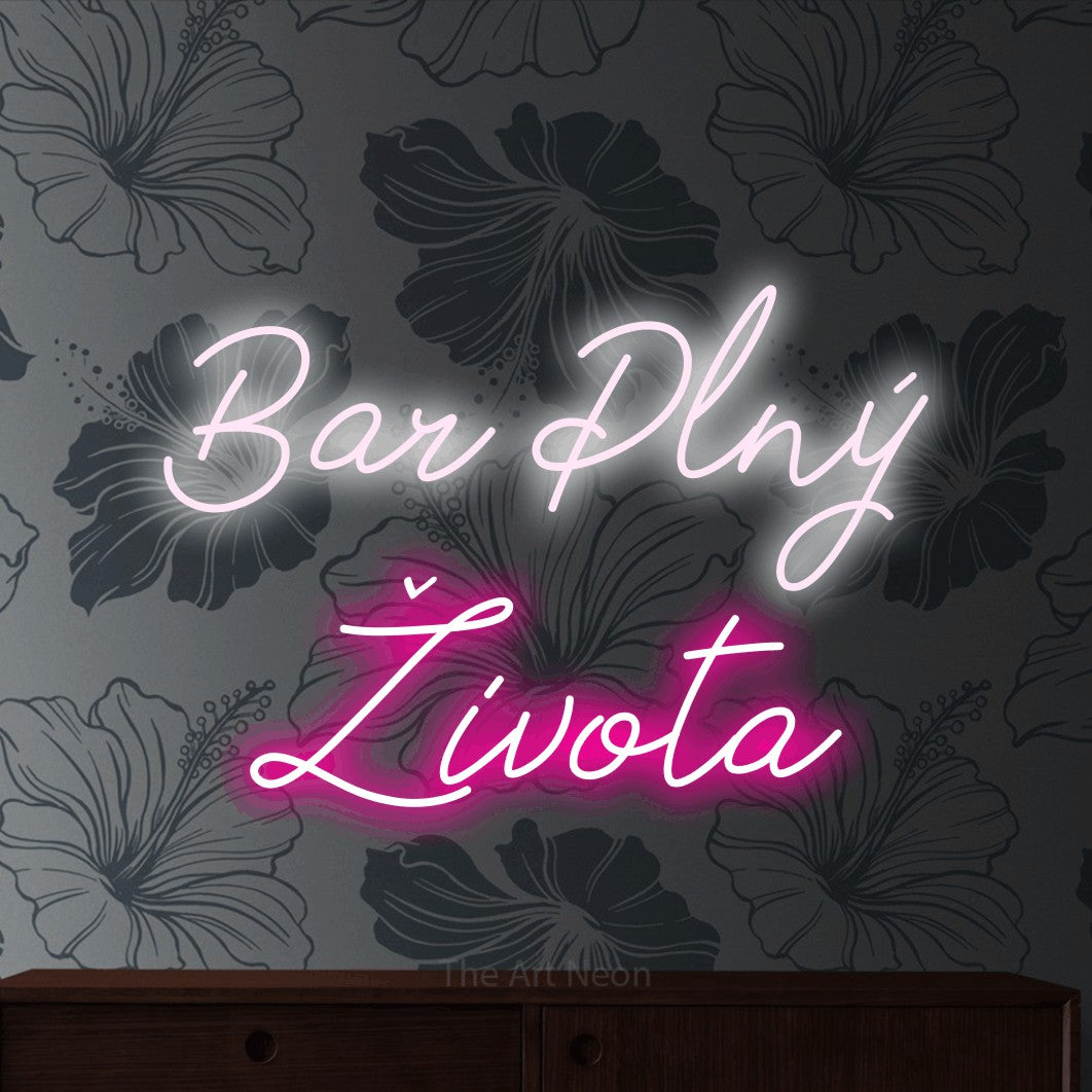 LED neon sign reading “Bar Plný Života”, arranged in two lines.