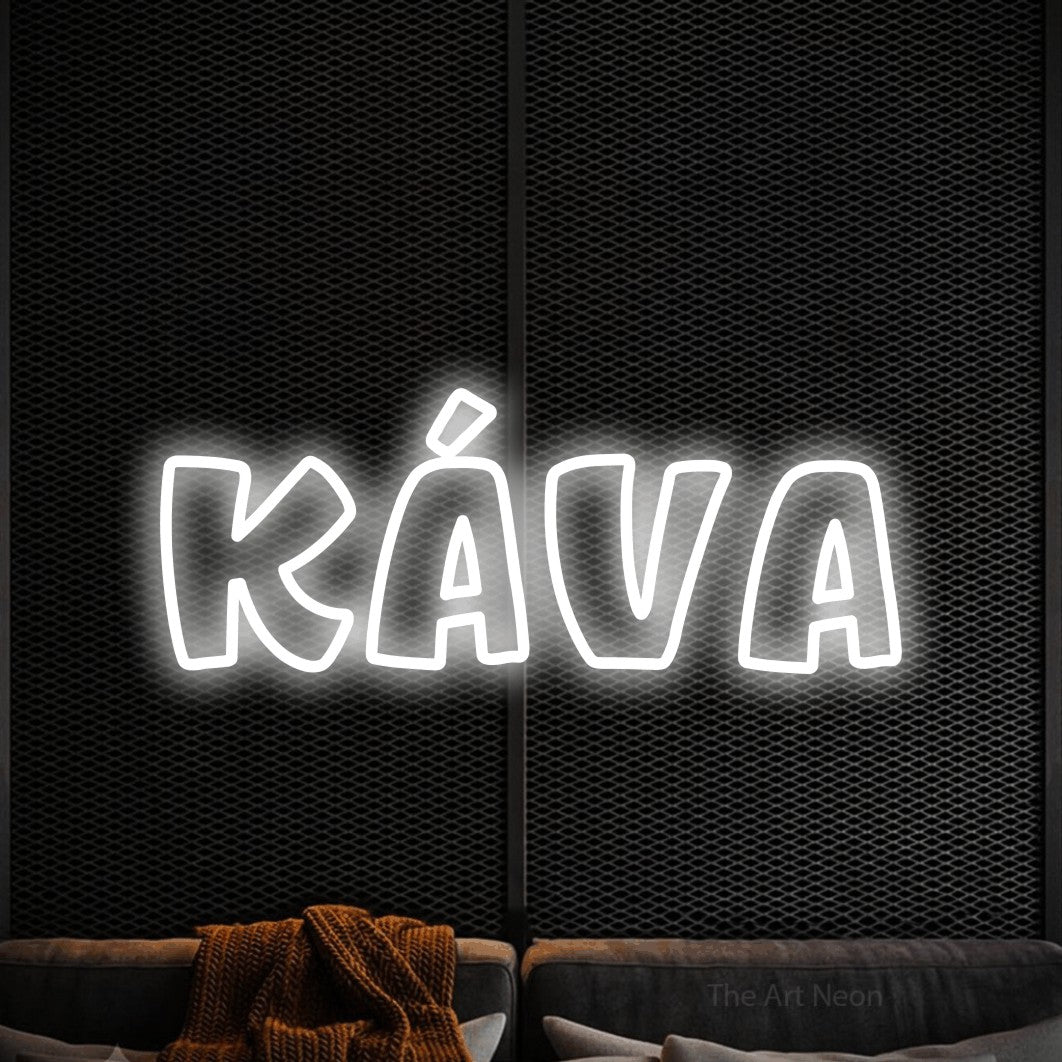 LED neon sign reading “káva”, arranged in a single line.