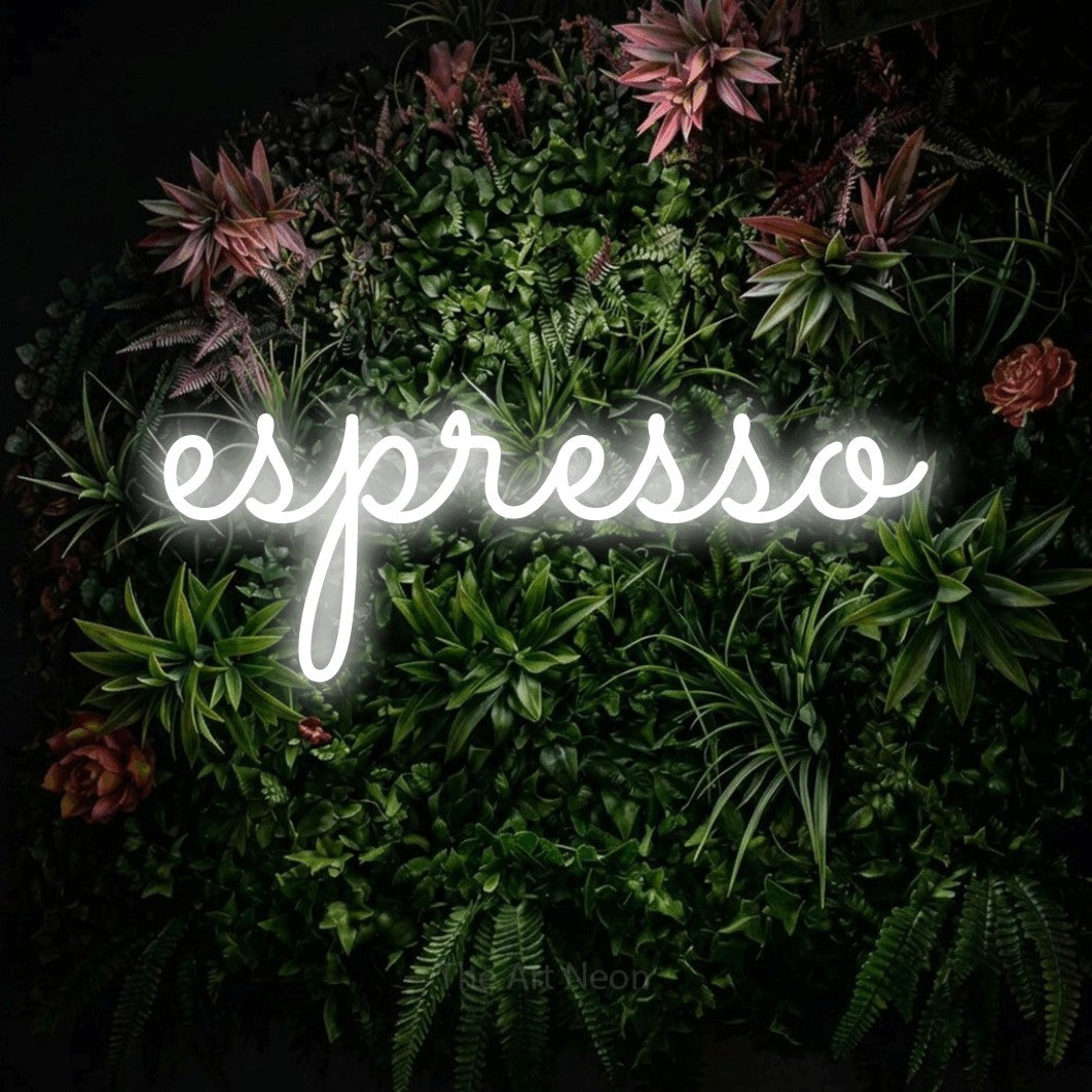 LED neon sign reading “espresso”, arranged in a single line.