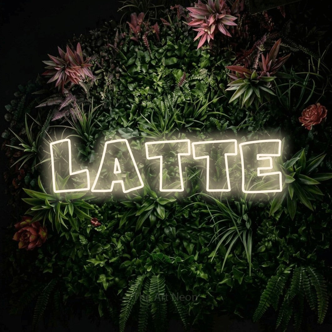 LED neon sign reading “Latte”, arranged in a single line.
