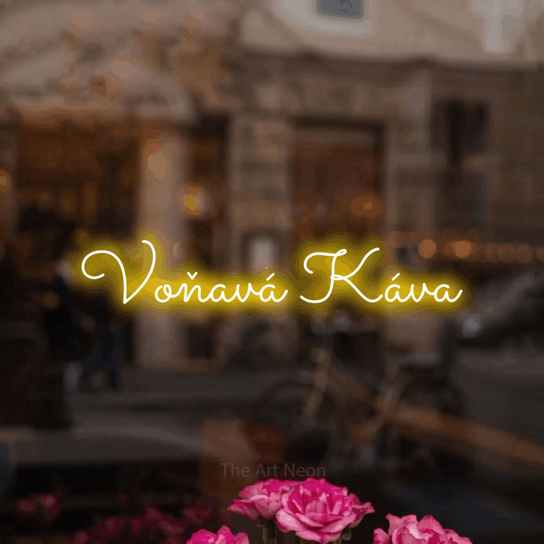 LED neon sign reading “Voňavá Káva”, arranged in a single line.