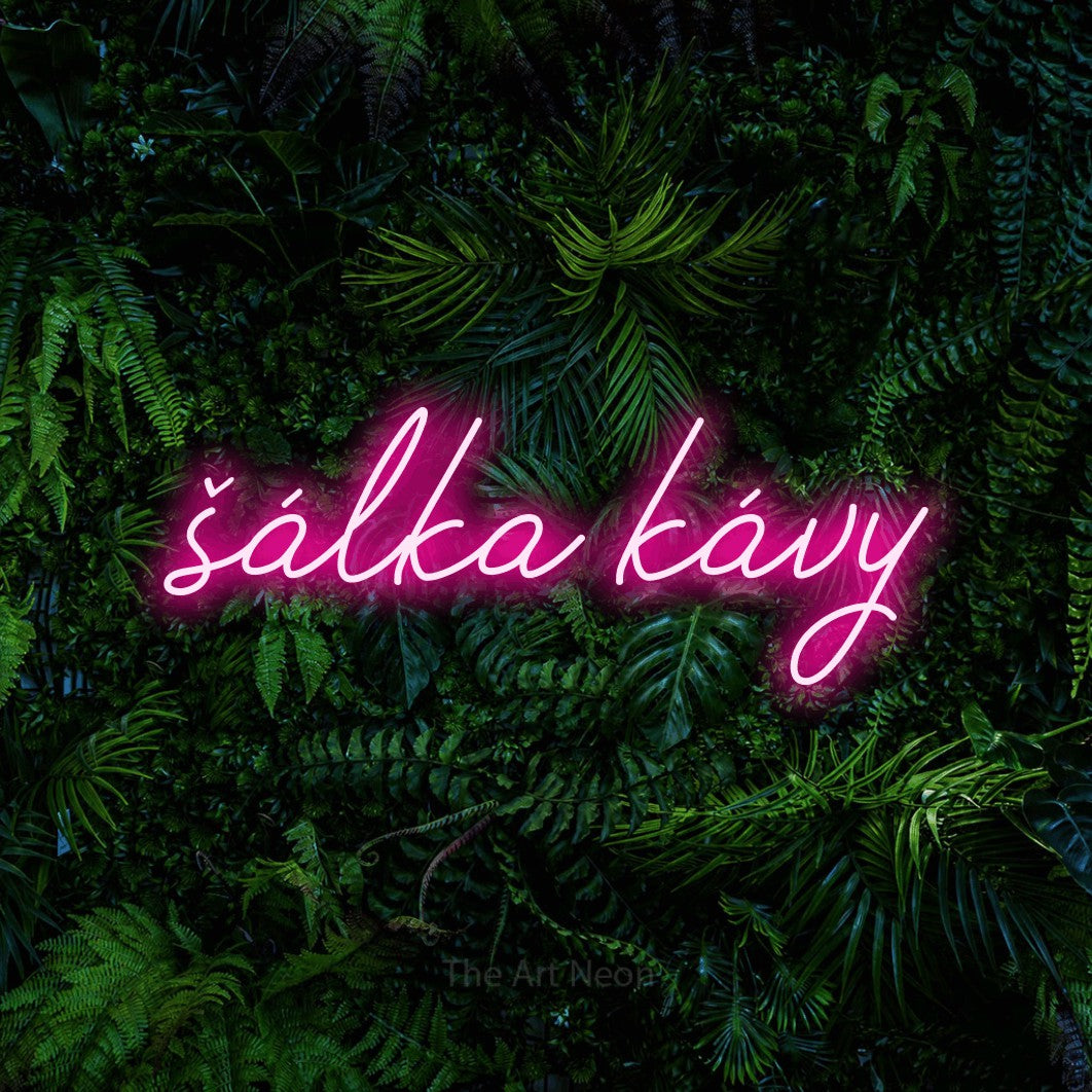 LED neon sign reading “šálka kávy”, arranged in a single line.