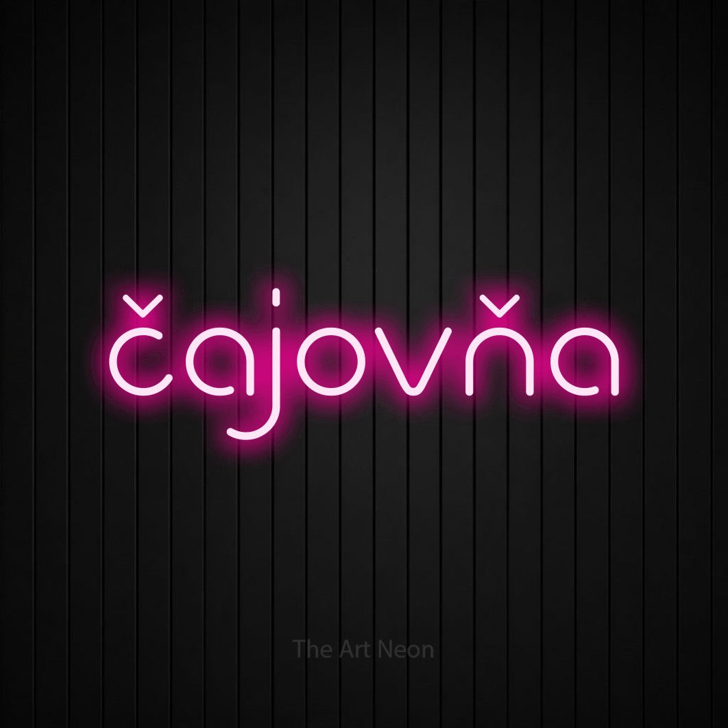 LED neon sign reading “čajovňa”, arranged in a single line.