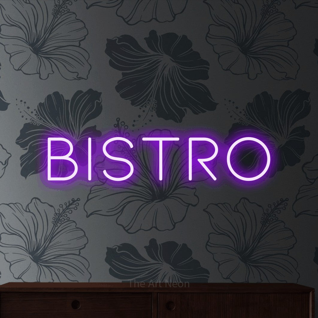 LED neon sign reading “bistro”, arranged in a single line.