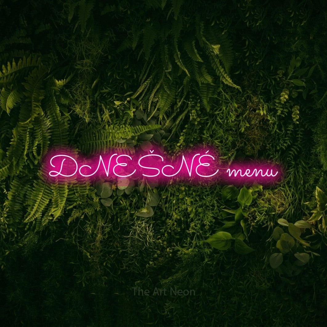 LED neon sign reading “DNEŠNÉ menu”, arranged in a single line.