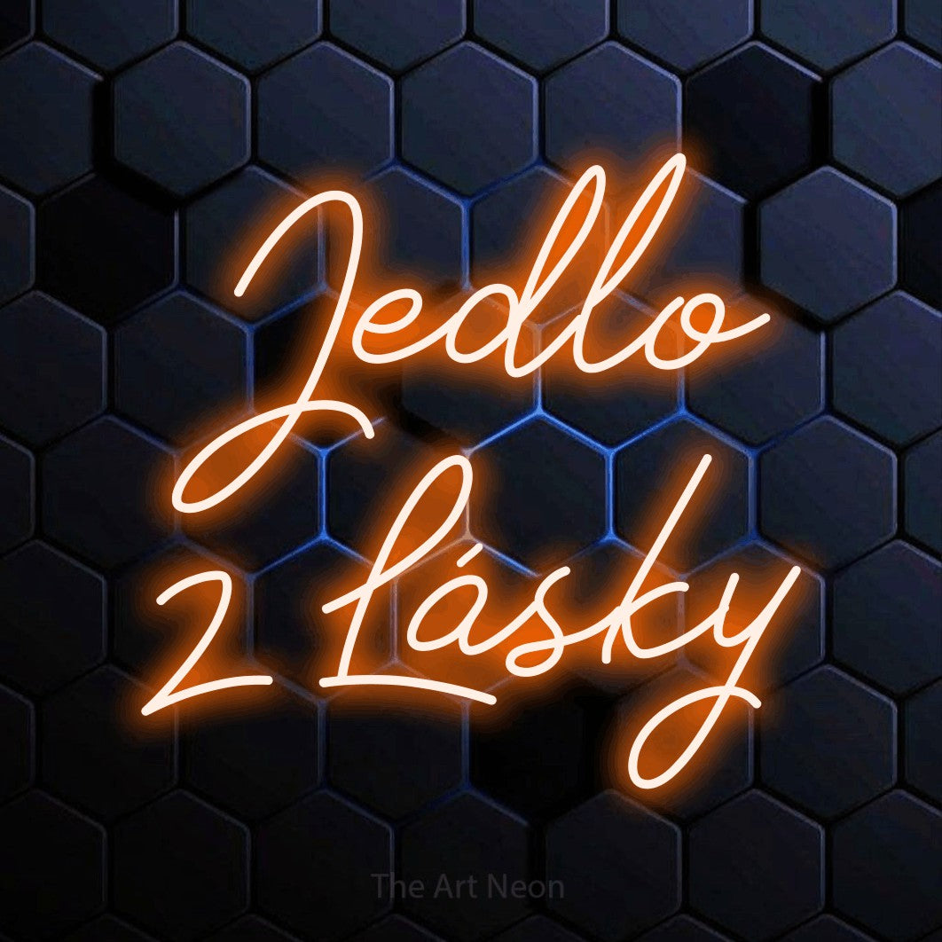 LED neon sign reading “Jedlo z Lásky”, arranged in two lines.