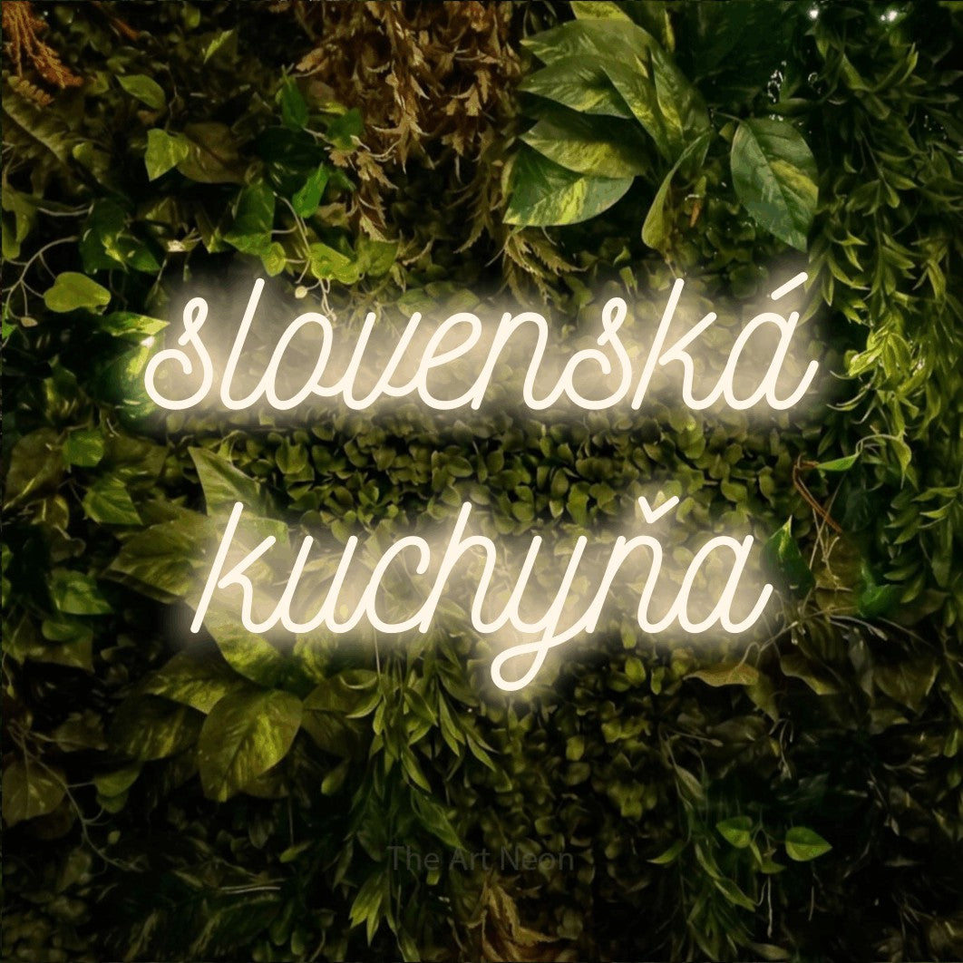 LED neon sign reading “slovenská kuchyňa”, arranged in two lines.
