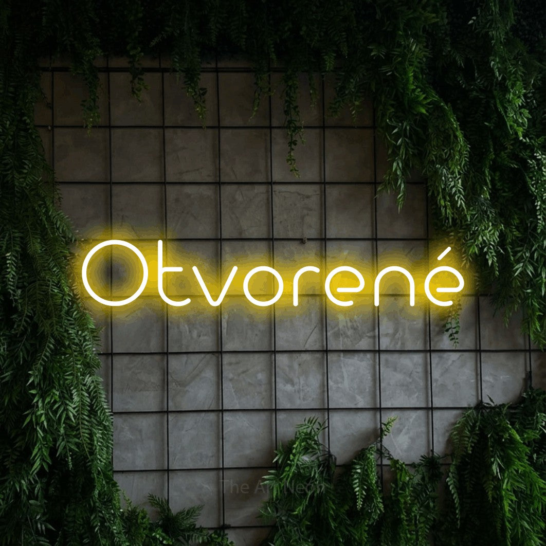 LED neon sign reading “Otvorené”, arranged in a single line.