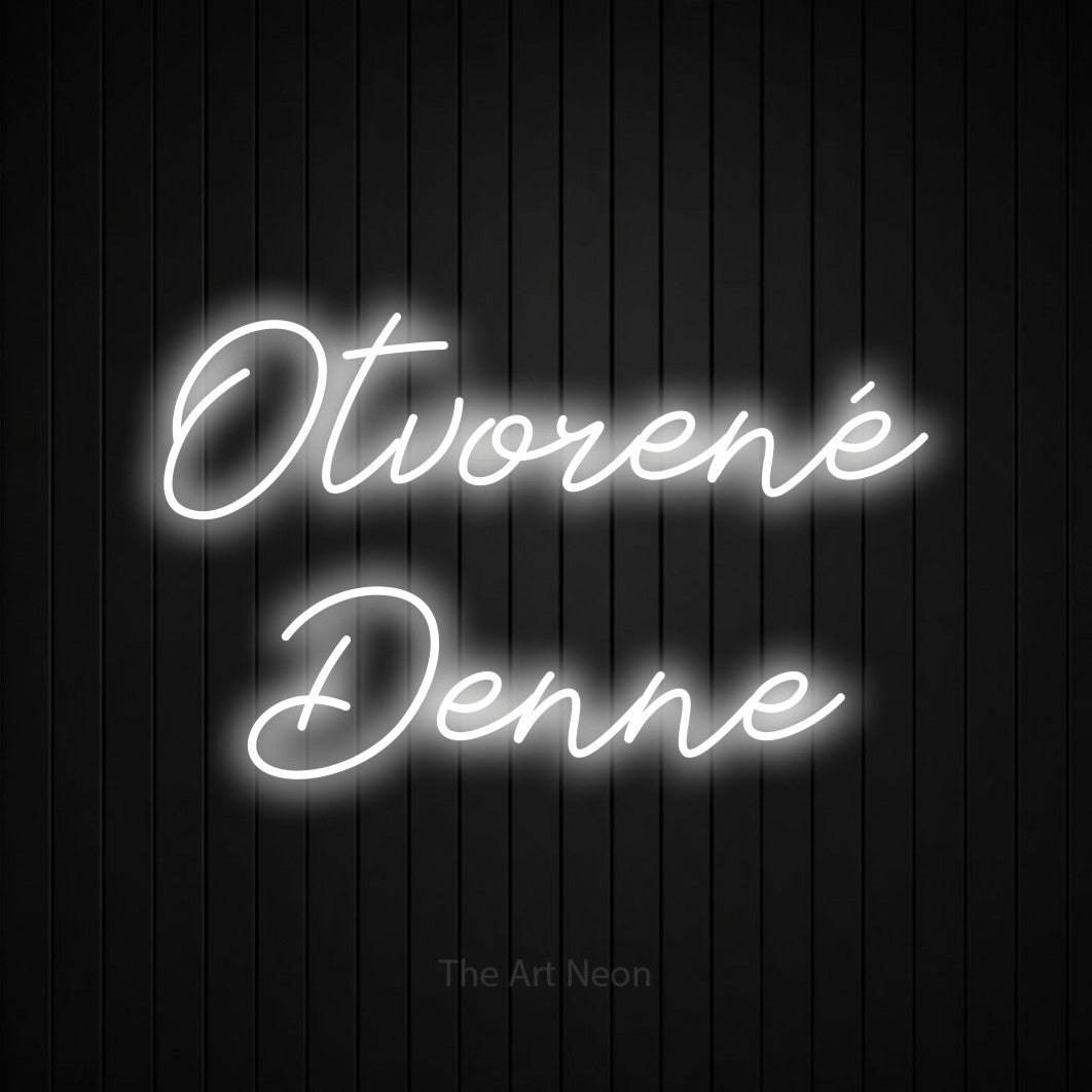 LED neon sign reading “Otvorené Denne”, arranged in two lines.