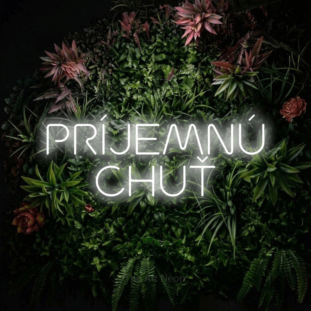 LED neon sign reading “PRÍJEMNÚ CHUŤ”, arranged in two lines.