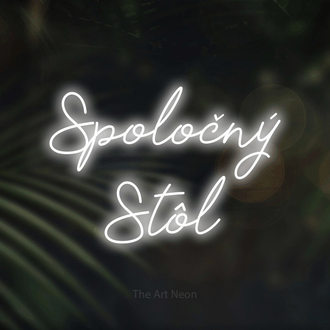 LED neon sign reading “Spoločný Stôl”, arranged in two lines.