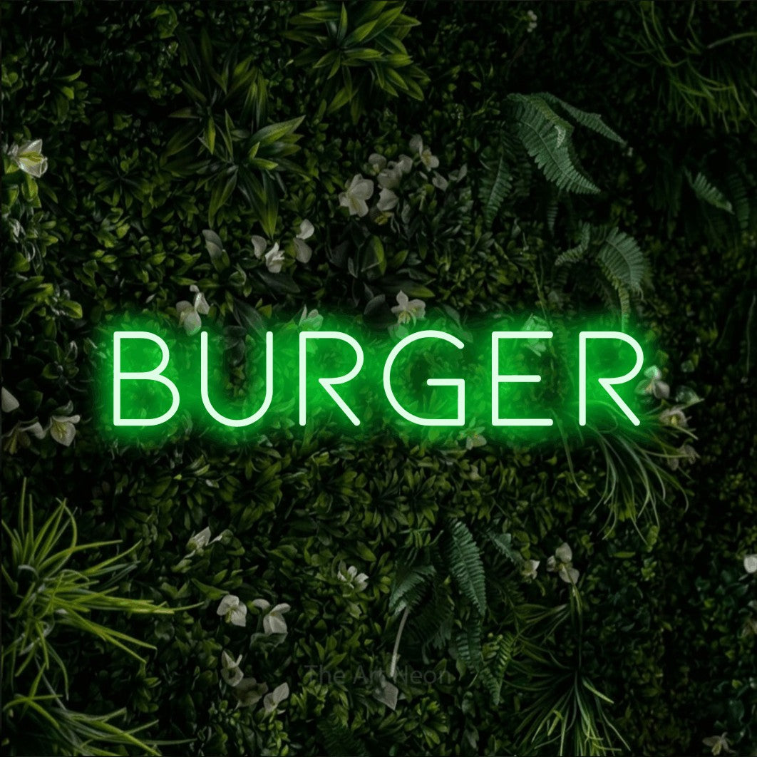LED neon sign reading “burger”, arranged in a single line.