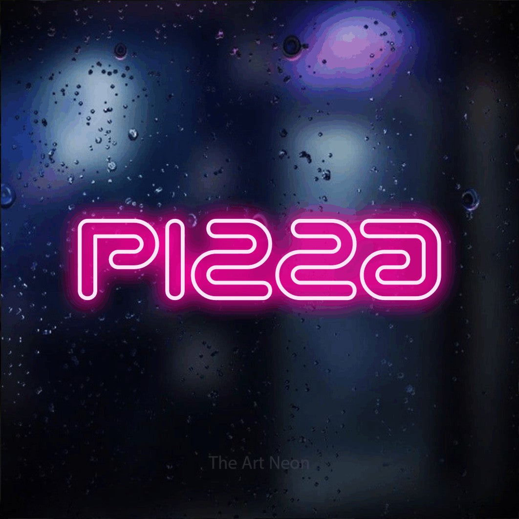 LED neon sign reading “pizza”, arranged in a single line.