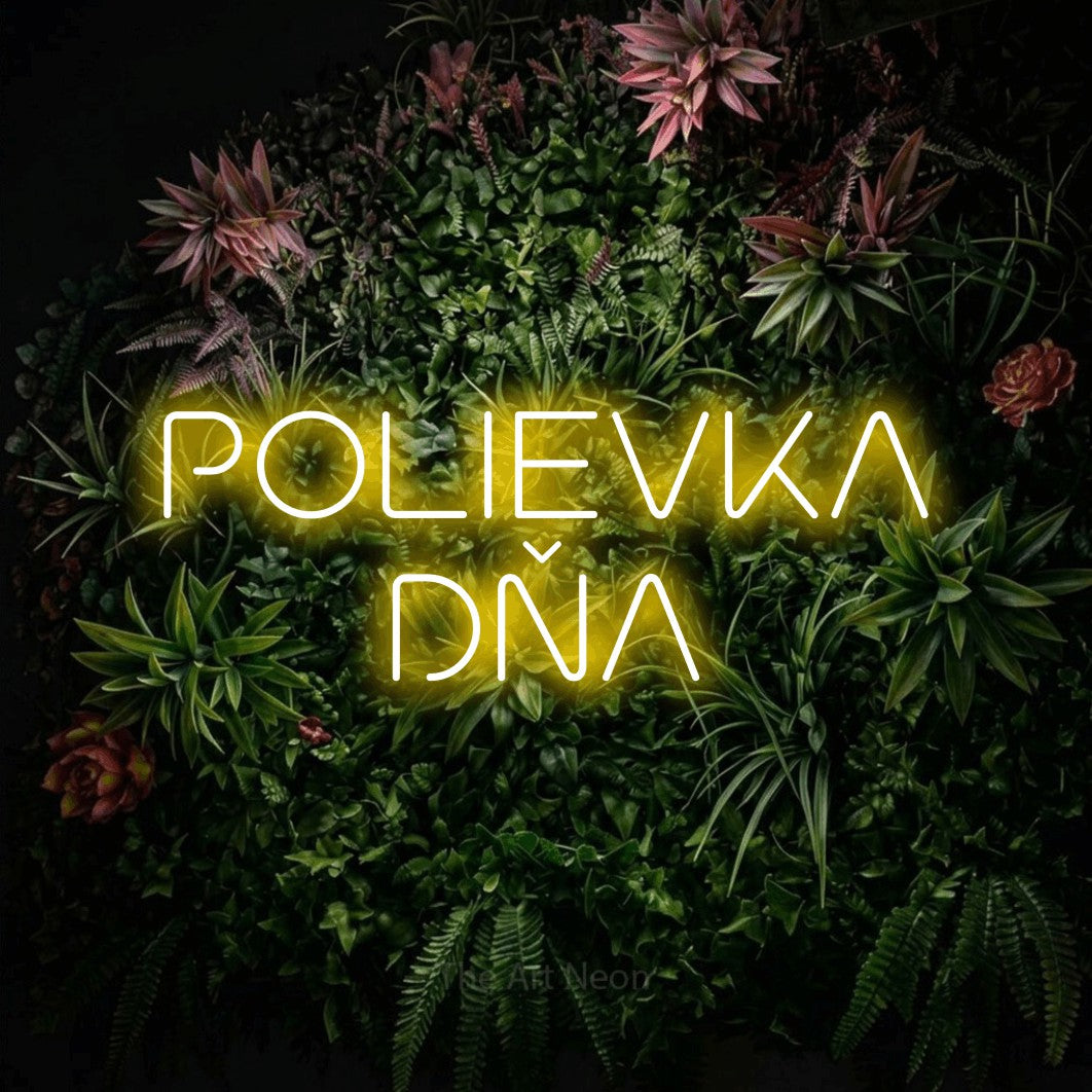 LED neon sign reading “POLIEVKA DŇA”, arranged in two lines.