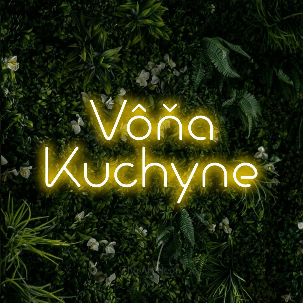 LED neon sign reading “Vôňa Kuchyne”, arranged in two lines.