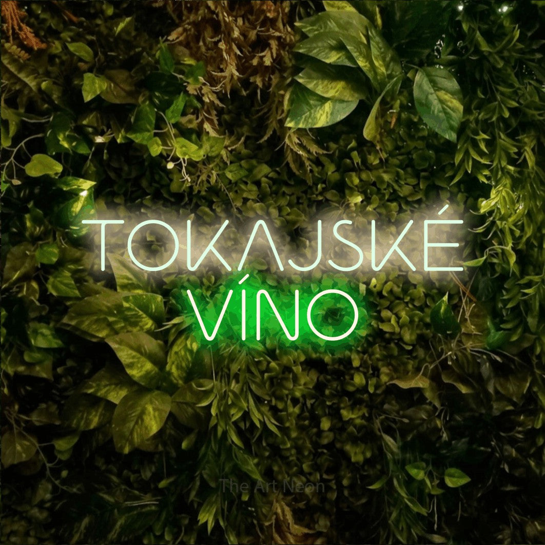 LED neon sign reading “TOKAJSKÉ VÍNO”, arranged in two lines.