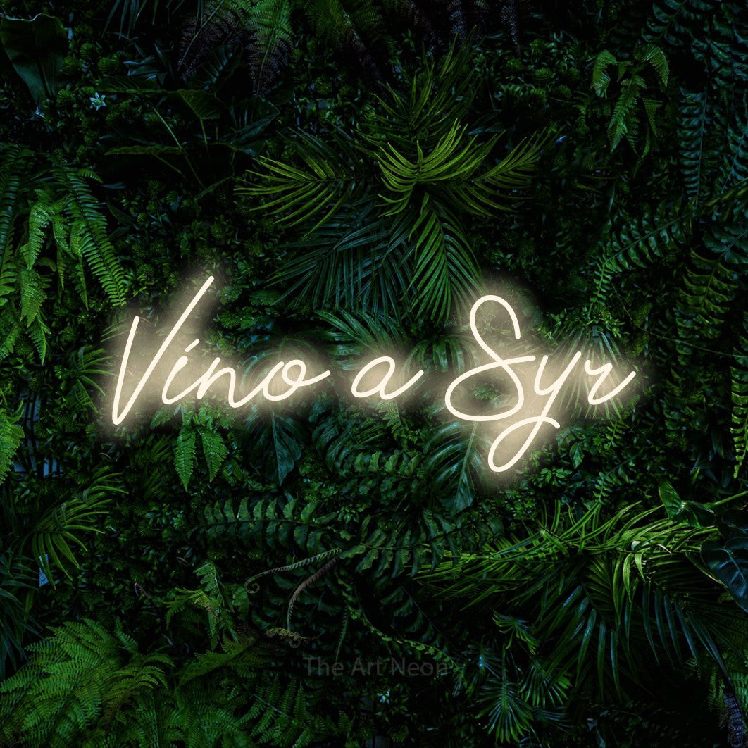 LED neon sign reading “Víno a Syr”, arranged in a single line.
