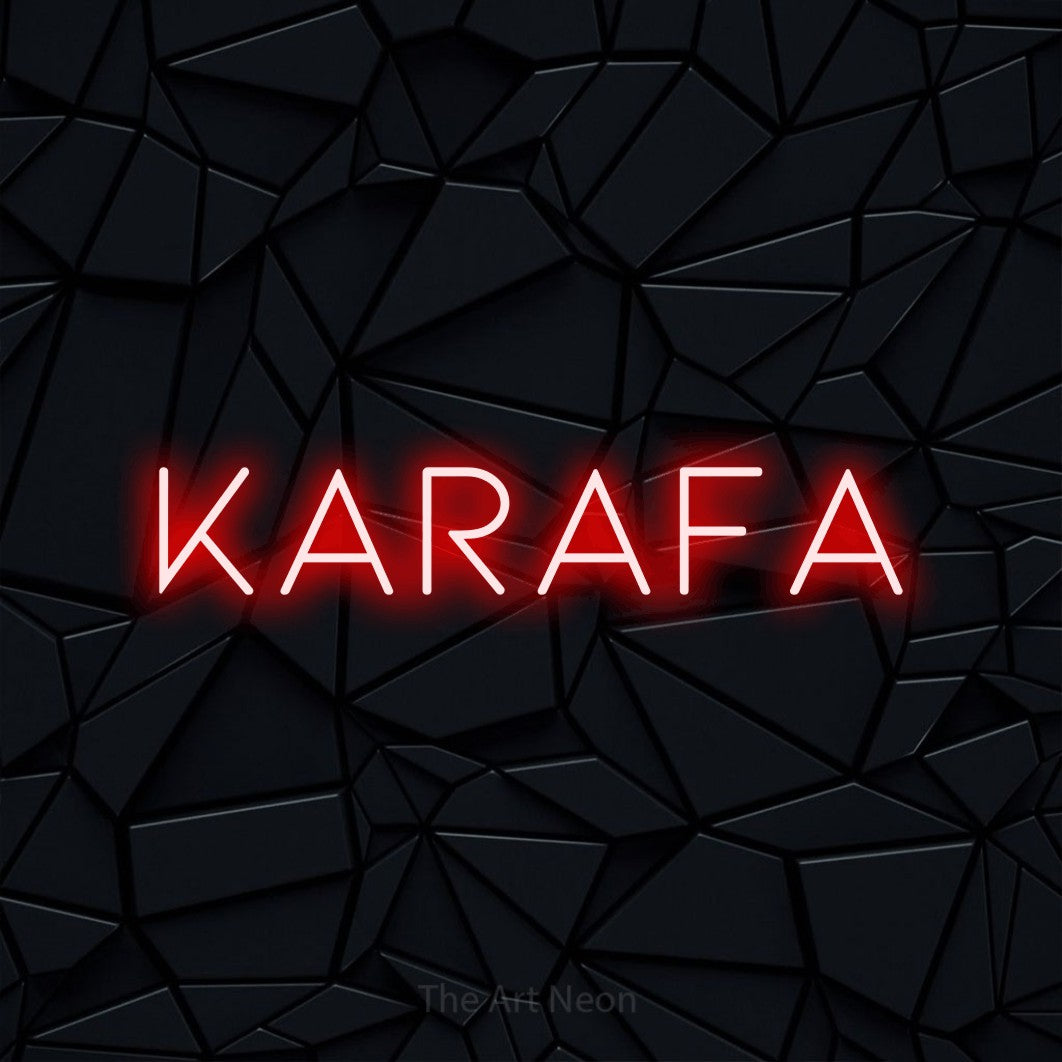 LED neon sign reading “karafa”, arranged in a single line.